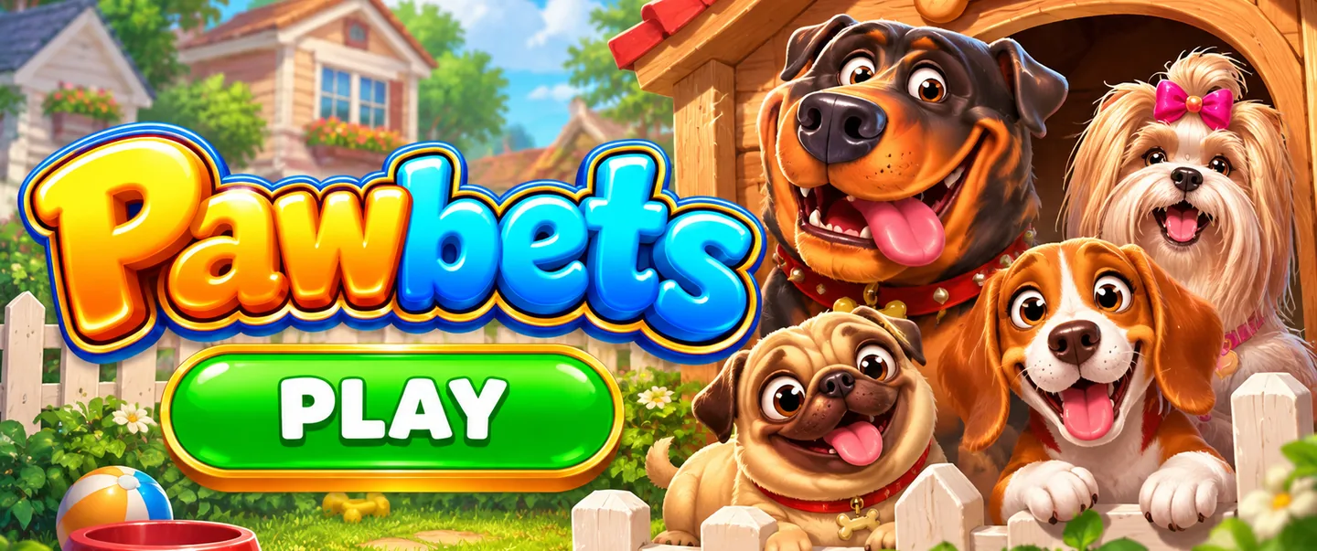 Happy dogs in a sunny garden next to a Play button